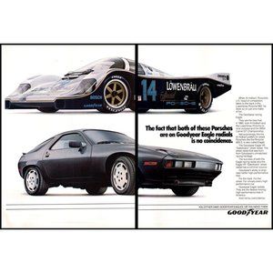 1986 Goodyear Tires Porsche 928S and 962 Race Car 2 Page Vintage Print Ad Photo